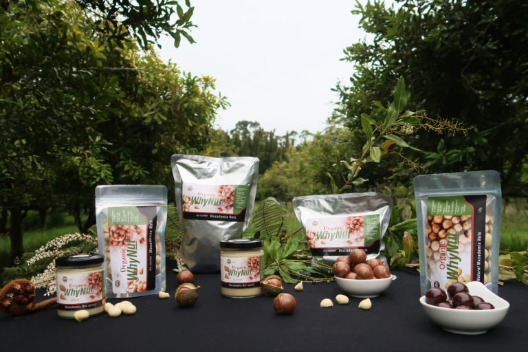 table display of macadamia nut packages, macadamia nut spreads, and bowls of chocolate-covered macadamia nuts