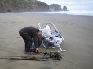 John picking up seaweed on the beach, cave in back