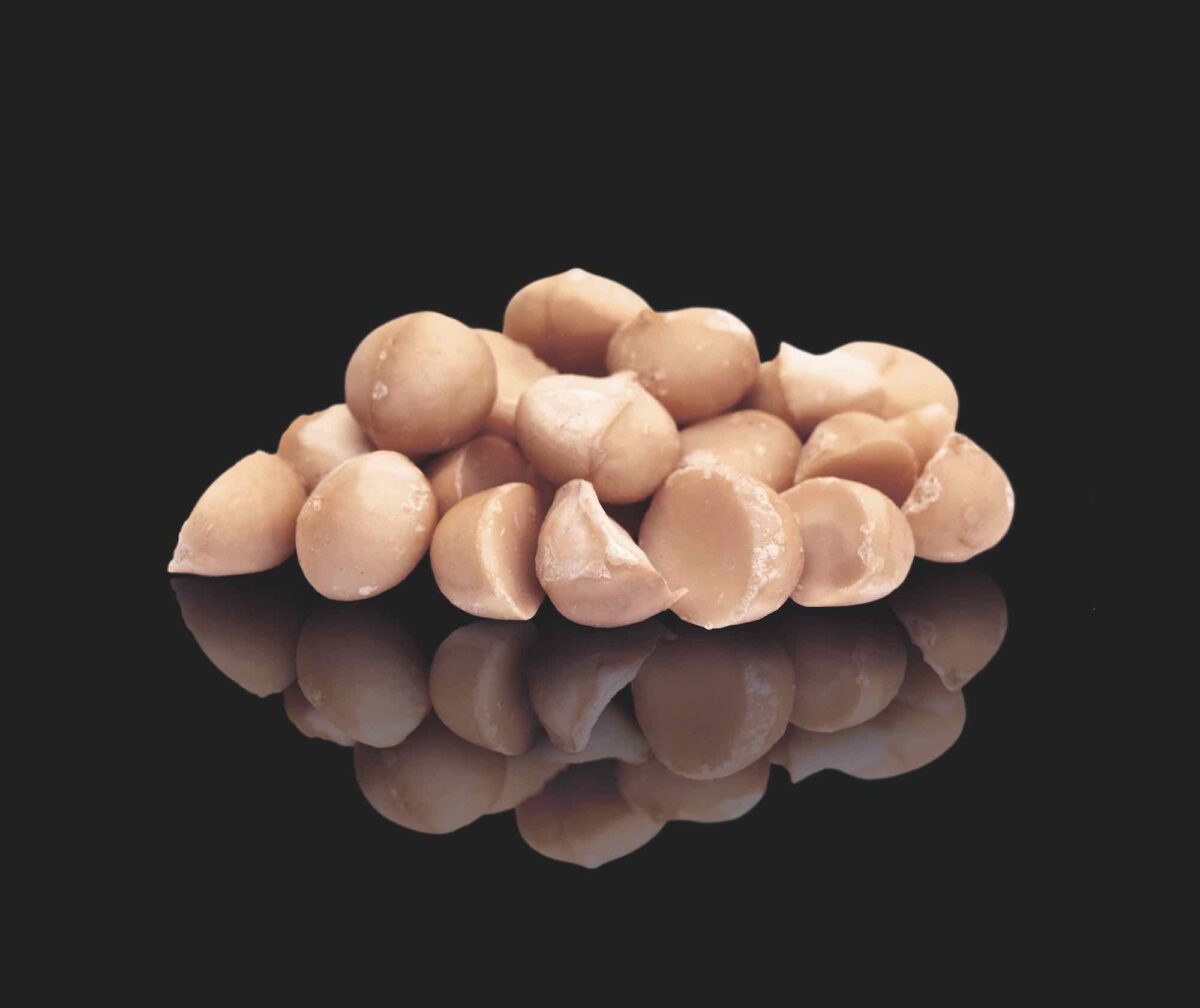 small pile of macadamia nuts on a black reflective background