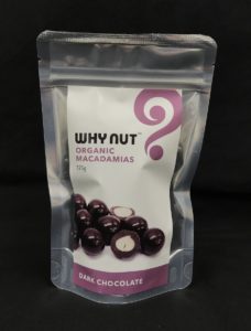 foil laminated package of dark chocolate macadamia nuts