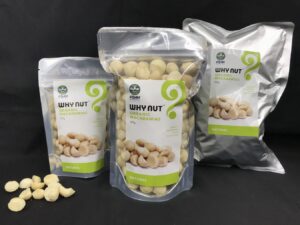 small medium, and large foil packages of natural organic macadamia nuts